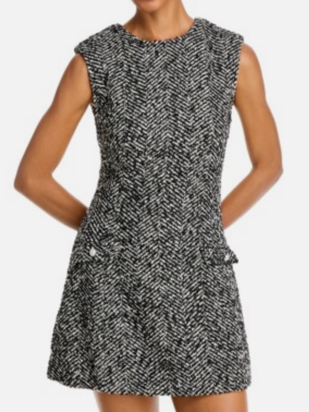 French Connection Sleeveless Black & White Tweed Herringbone Shift Dress size 8